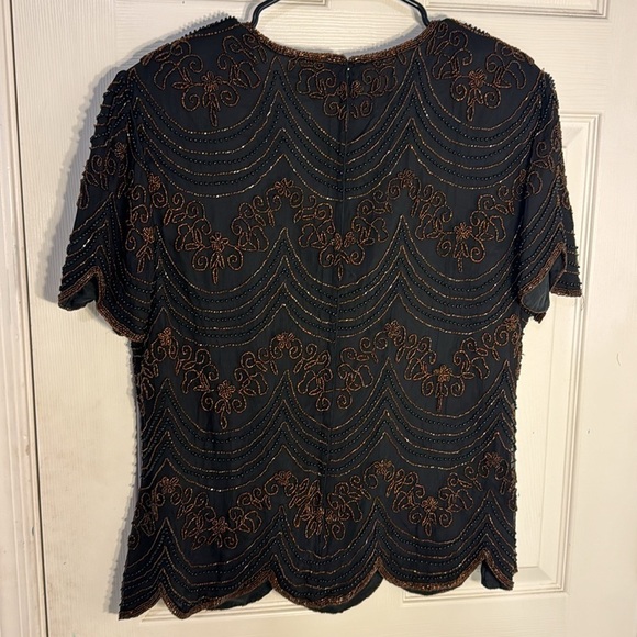 Papell Boutique Gorgeous Black and Gold Beaded Evening Top Scalloped Bottom NWT - Picture 6 of 10